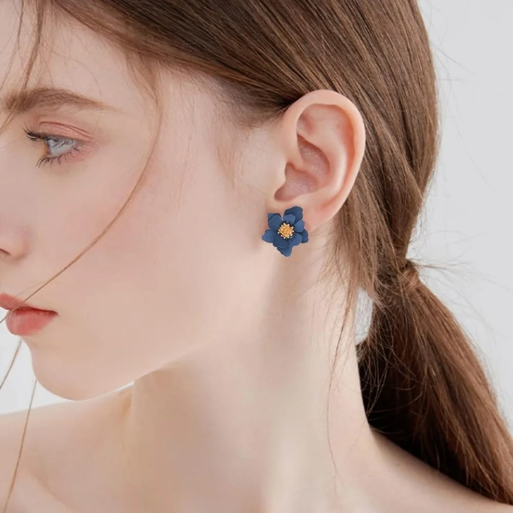Boho Flower Stud Earrings for Women Royal Blue. - Picture 2 of 4